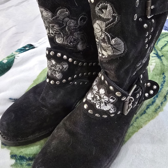 Frye Black Floral Heeled Boots with Studded Buckles - Picture 3 of 3
